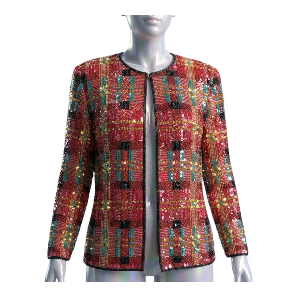 Vtg 90s Niteline Della Roufogali Silk Beaded Jacket Plaid Sequin Womens Large